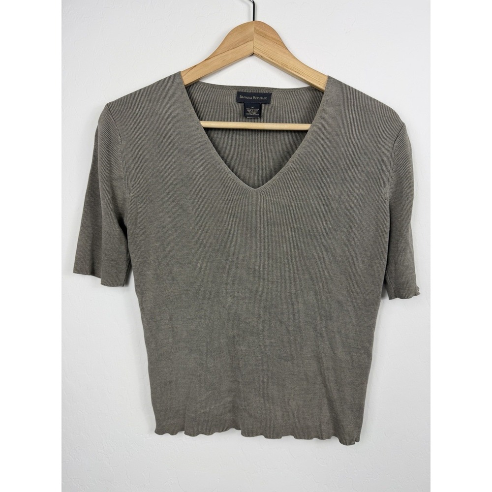 Banana Republic Silk V Neck Rib Knit Top Gray Short Sleeve Women M